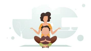 mamá y pequeño hijo son sentado en el habitación haciendo yoga. meditación. dibujos animados estilo. vector