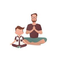 A man with a cute baby is sitting in a lotus position. Isolated. Cartoon style. vector