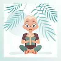 Joyful child boy sits in a lotus position and holds a gift with a bow in his hands. Holidays theme. Vector illustration in cartoon style.