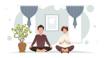 The guy and the girl are engaged in meditation in the room. Yoga. Cartoon style. vector