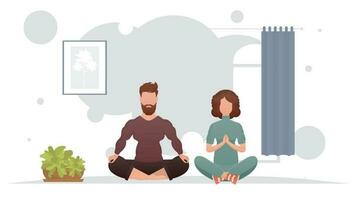 A man and a woman sit in a lotus position in a room. Meditation. Cartoon style. vector