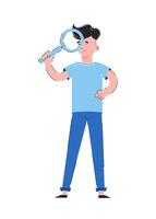 The guy in full growth holds a magnifying glass. Isolated on white background. Good for apps, presentations and websites. Vector. vector