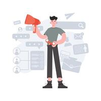 A man stands in full growth holding a loudspeaker and binoculars. HR theme. Element for presentations, sites. vector