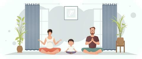 un hombre y un mujer con un pequeño chico son meditando en un habitación. yoga. dibujos animados estilo. vector