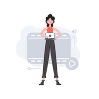 A woman stands in full growth turns on the video on a laptop. Video presentation. Element for presentations, sites. vector