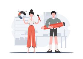 A man and a woman stand in full growth and hold a color palette and a pen tool. Design. Element for presentations, sites. vector