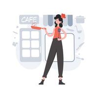 A woman stands in full growth holding a frying pan and a spatula. Cafe. Element for presentations, sites. vector