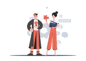 A man and a woman stand to their full height and hold a movie clapperboard and a camera. Blogging. Element for presentations, sites. vector