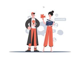 A man and a woman stand to their full height and hold a movie clapperboard and a video camera. Blogging. Element for presentations, sites. vector