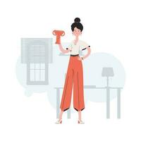 A woman stands in full growth and holds a goblet in her hands. Victory. Element for presentations, sites. vector