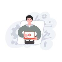 A man stands waist-deep with a laptop. Video presentation. Element for presentations, sites. vector