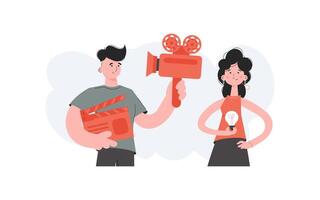 A man and a woman stand waist-deep and hold a video camera and a light bulb. Idea. Element for presentations, sites. vector