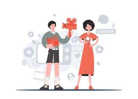 A man and a woman stand to their full height and hold a movie clapperboard, a camera and a light bulb. Blogging. Element for presentations, sites. vector