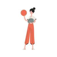 A woman stands in full growth holding a coin. Isolated. Element for presentations, sites. vector