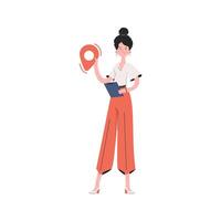 A woman stands in full growth and holds a navigation sign in her hands. Isolated. Element for presentations, sites. vector