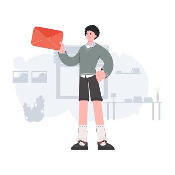 A man stands in full growth holding an envelope in his hands. Communications. Element for presentations, sites. vector