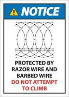 Notice Protected By Razor Wire and Barbed Wire, Do Not Climb Sign vector