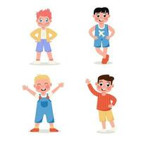 Set of happy children boys standing in different poses in flat style vector