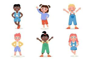 Set of happy international children girls and boys standing in different poses, flat style vector