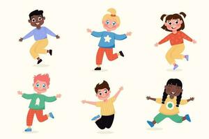 Set of happy international children girls and boys standing in different poses jumping in flat style vector