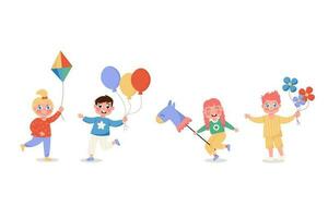 Set of happy children girls and boys with balloons, horse, flowers and kite in flat style vector