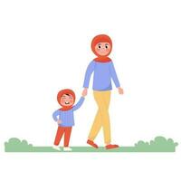 mamá y hija en hiyab, musulmanes caminando por manos en plano estilo vector