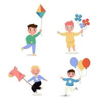 Niños contento niños conjunto con globos, caballo, flores y cometa en plano estilo vector