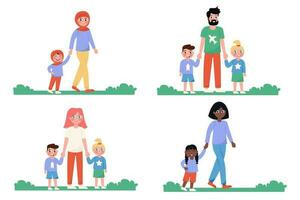 A set of different international parents, Mum and Dad walking with their children in a flat style vector