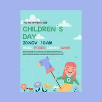 Invitation, flyer for a children's day party. Children girl riding a horse vector