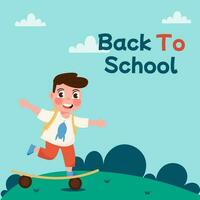 Back to school flat background with boy on skateboard vector