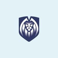 lion head logo design inside strong white and blue shield, lion symbol animal logo vector