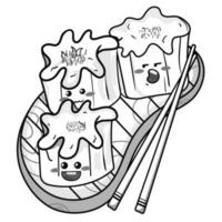 Cute sushi and rolls in kawaii Japanese traditional cuisine dishes black and white outline for coloring pages vector