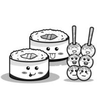 Cute sushi and rolls in kawaii Japanese traditional cuisine dishes black and white outline for coloring pages vector