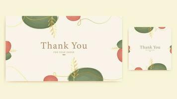 thank you card green and red watercolor abstract rounded gold leaves abstract lines design background, printable custom small business card vector