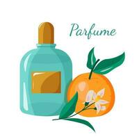 Beautiful perfume bottle with orange parfime isolated on white background. Summer parfume vector