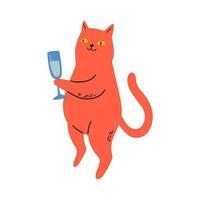 rojo gato con vaso de espumoso vino vector