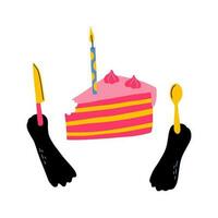 Black Cat Paws Holding Knife And Spoon With Piece Of Cake vector