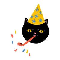 negro gato en el fiesta sombrero soplo cumpleaños tubo vector