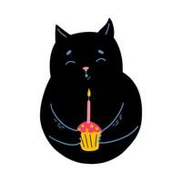 negro gato con cumpleaños pastel vector