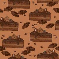 Pattern with pieces of chocolate cake and chocolate bar vector