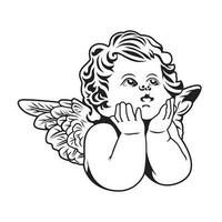 A black and white drawing of a cupid with wings and a white background. vector