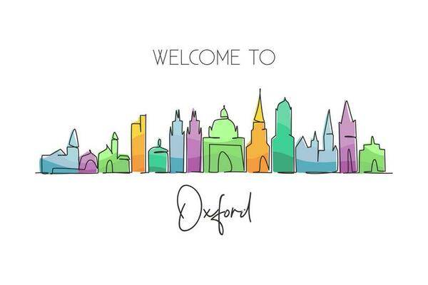 Single continuous line drawing Oxford skyline, England. Famous city scraper landscape gallery. World travel home wall decor art poster print concept. Modern one line draw design vector illustration