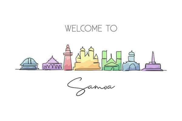 Single continuous line drawing Samoa skyline, Oceania. Famous city scraper landscape gallery. World travel home wall decor art poster print concept. Modern one line draw design vector illustration