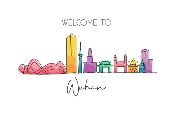 Single continuous line drawing Wuhan skyline, China. Asia famous city scraper landscape gallery. World travel home wall decor art poster print concept. Modern one line draw design vector illustration