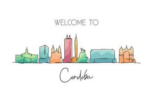 Single continuous line drawing Cordoba skyline, Argentina. Famous city scraper landscape. World travel home wall decor art poster print gallery concept. Modern one line draw design vector illustration