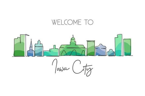 Continuous one line drawing Iowa City skyline. Beautiful landmark gallery artwork. World landscape tourism travel wall decor poster print art. Stylish single line draw design vector illustration