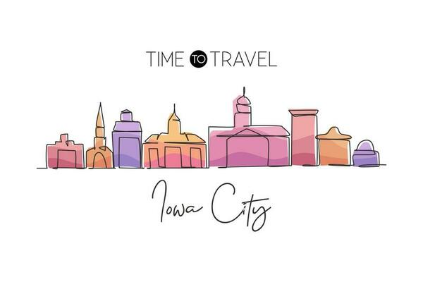 Single continuous line drawing Iowa City skyline. Famous city scraper landscape in United States. World travel home wall decor art poster print concept. Modern one line draw design vector illustration