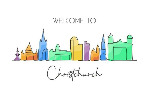 Single continuous line drawing Christchurch skyline, New Zealand. Famous city scraper landscape. World travel home wall decor art poster print concept. Modern one line draw design vector illustration
