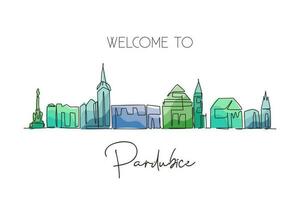 Single one line drawing Pardubice city skyline, Czech Republic. World historical town landscape. Best holiday destination postcard print art. Trendy continuous line draw design vector illustration