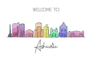Single continuous line drawing Asheville city skyline, North Carolina. Famous city scraper landscape. World travel home wall decor art poster print concept. Modern one line draw vector illustration